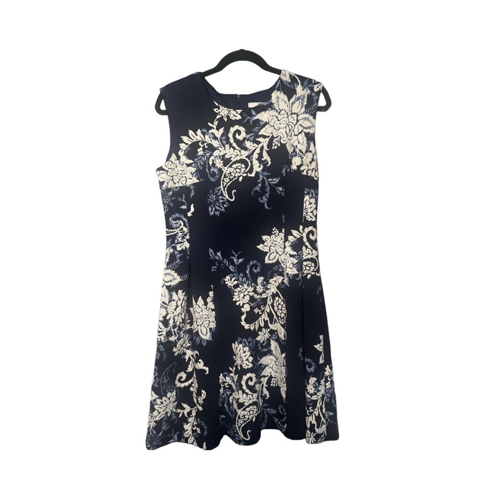 STUDIO ONE Size 8 Fit & Flare Floral Navy, Blue and White Textured Fabric Dress